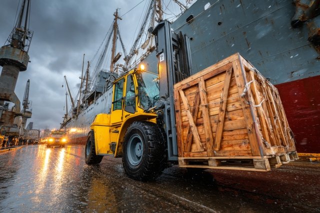 Forklift Carrying Wooden Crate in Snowy Harbor at Twilight