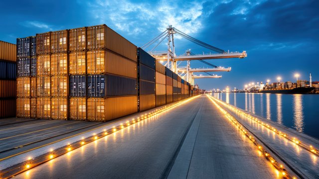 Cargo port at dusk with stacked containers and cranes, symbolizing global trade