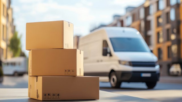 Delivery van parked near stacked cardboard boxes in an urban setting